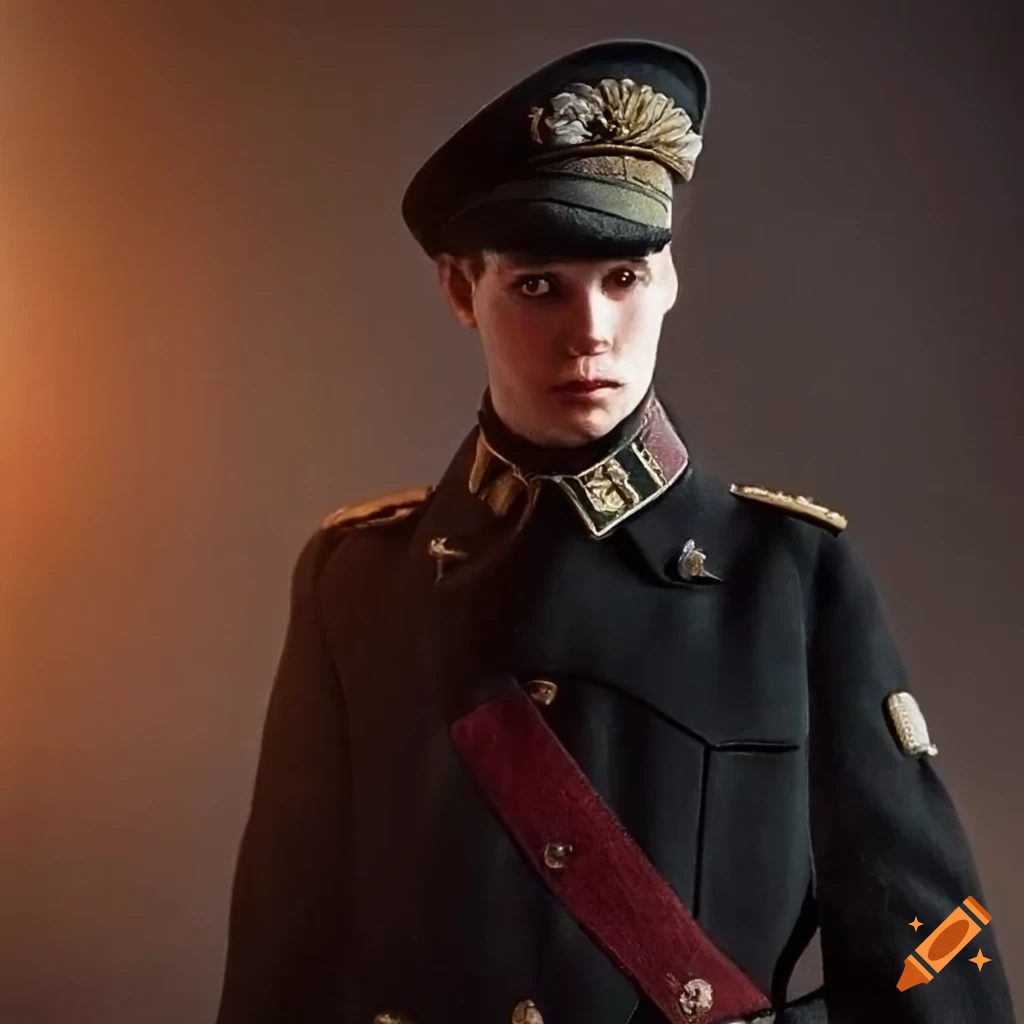 portrait of a young WW2 general in a black coat