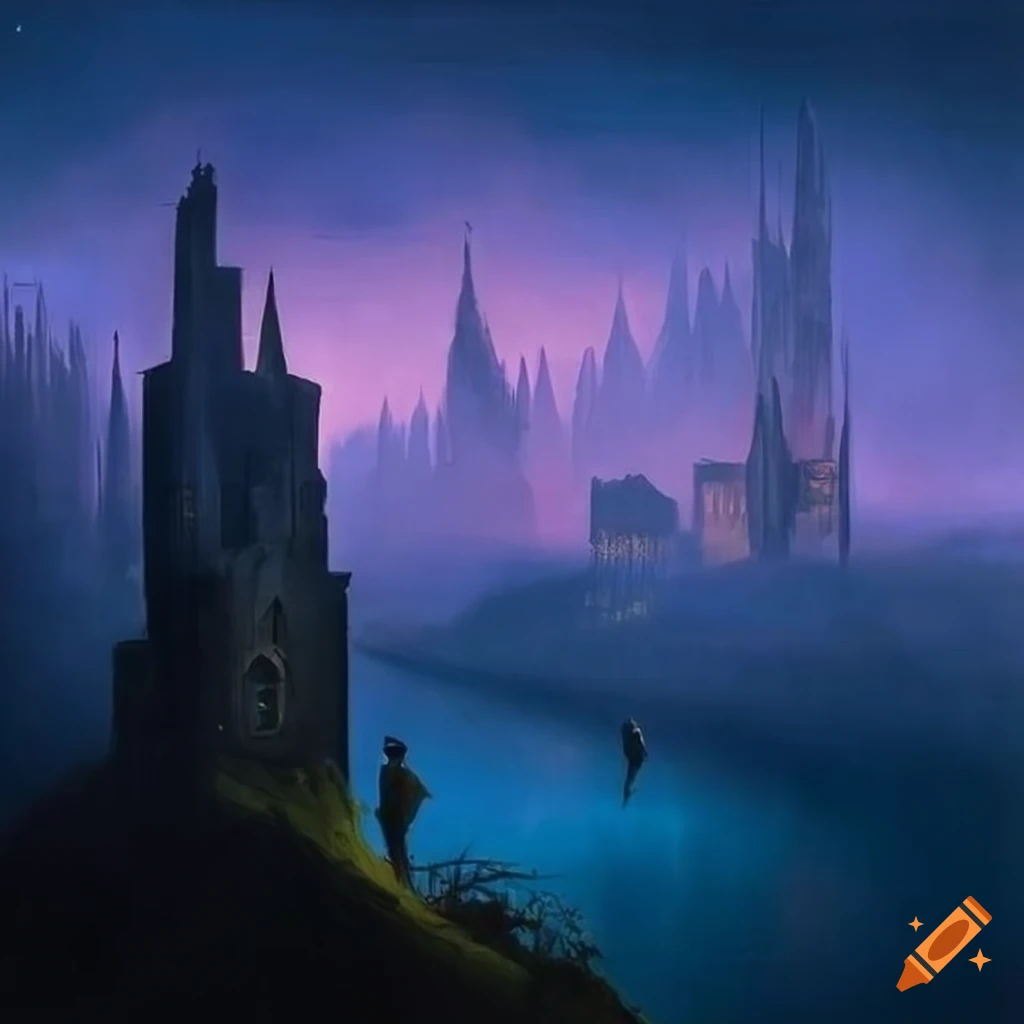 cyberpunk artwork of a lake town in Switzerland
