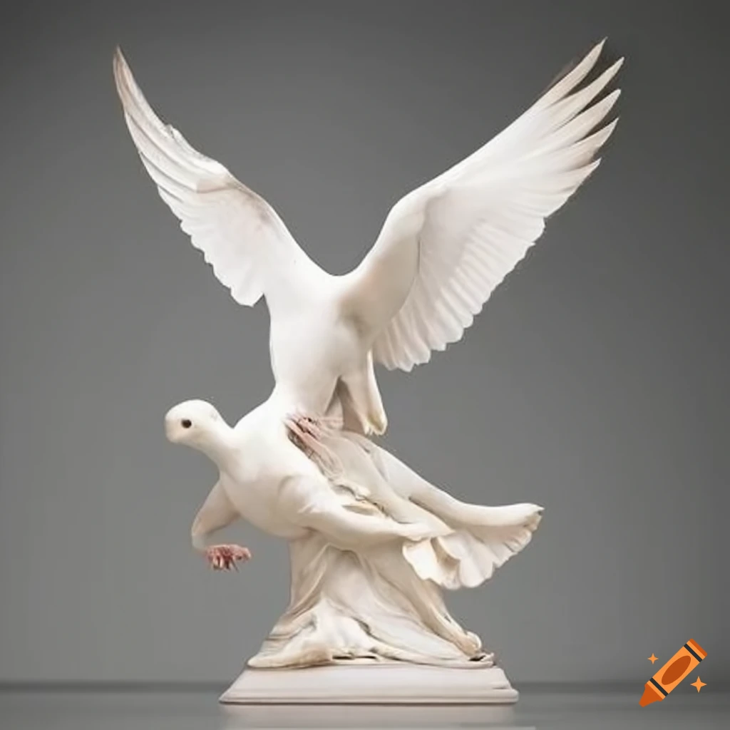Sculpture of a white dove with wings spread