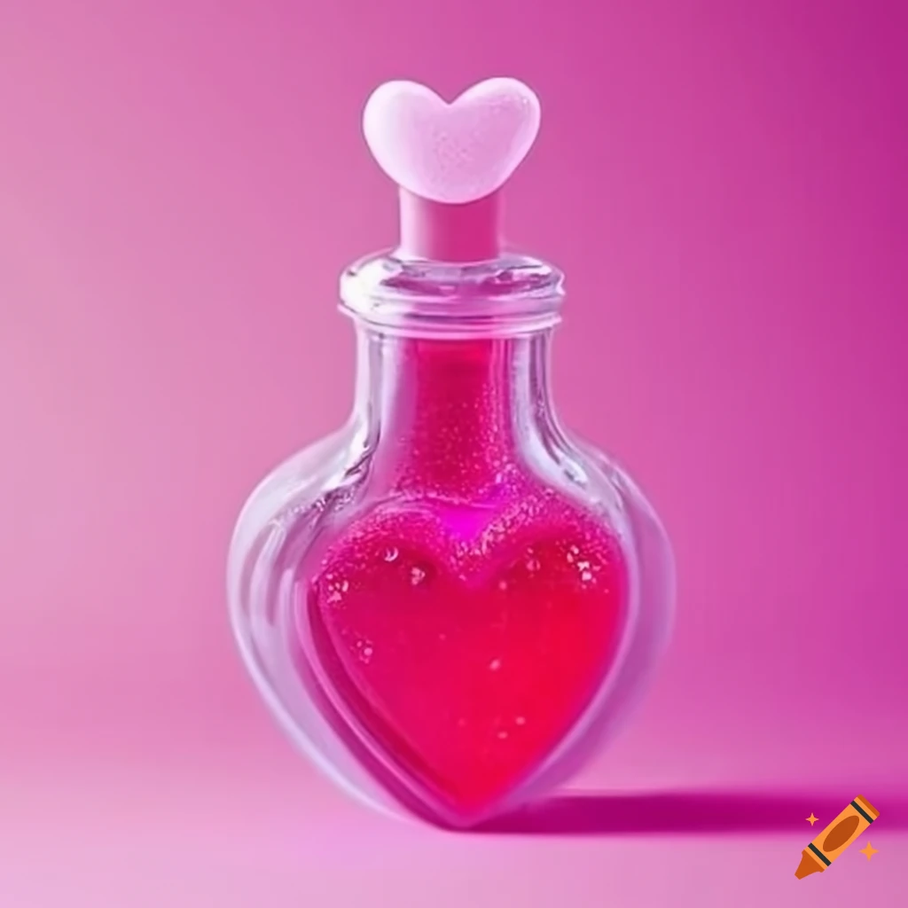 sparkly pink love potion with heart-shaped bubbles