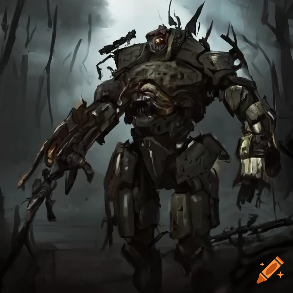 dramatic depiction of a half zombie mecha in war