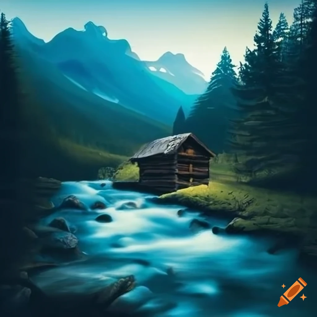 Mountain landscape with a river and small cabin