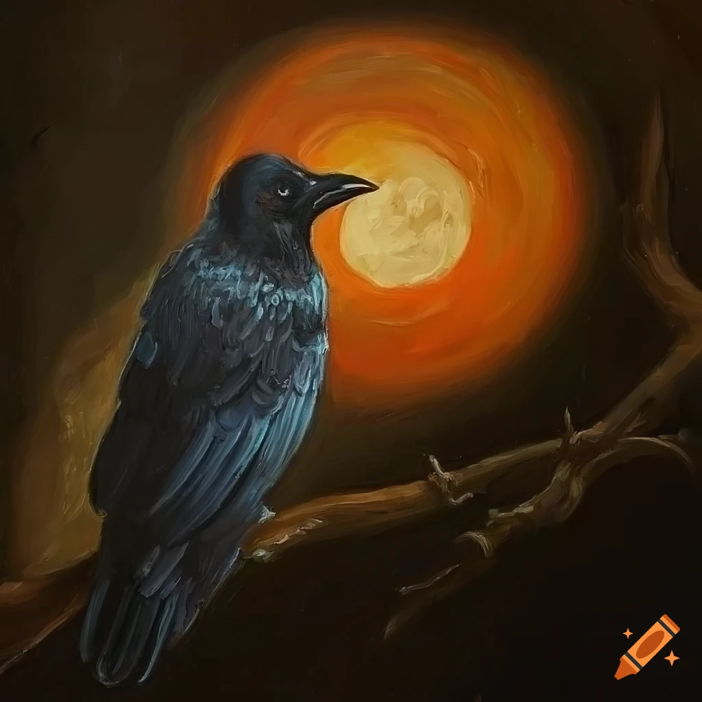oil painting of a crow and a cat on a branch with moon