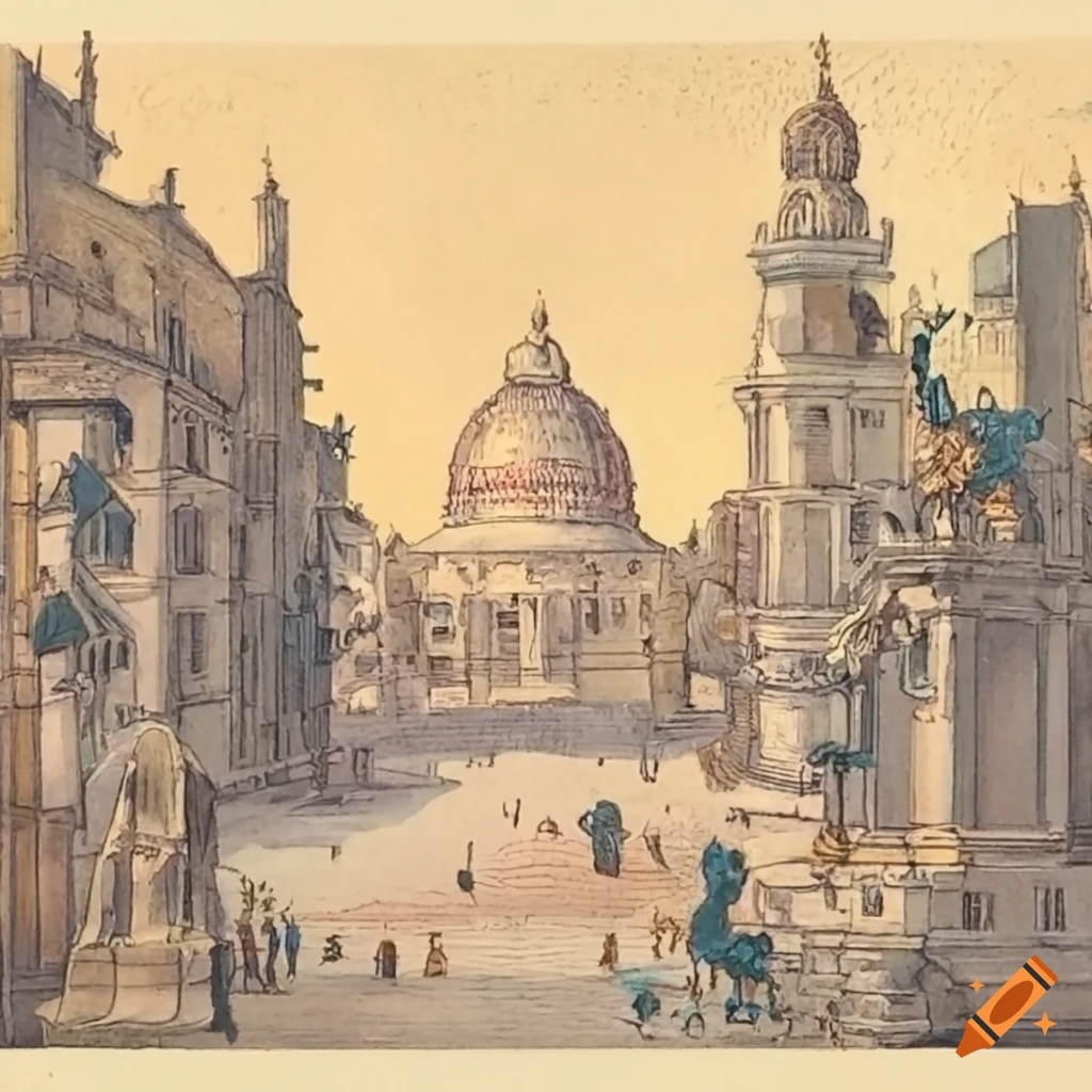 Fantasy city with silver domes and bronze statues