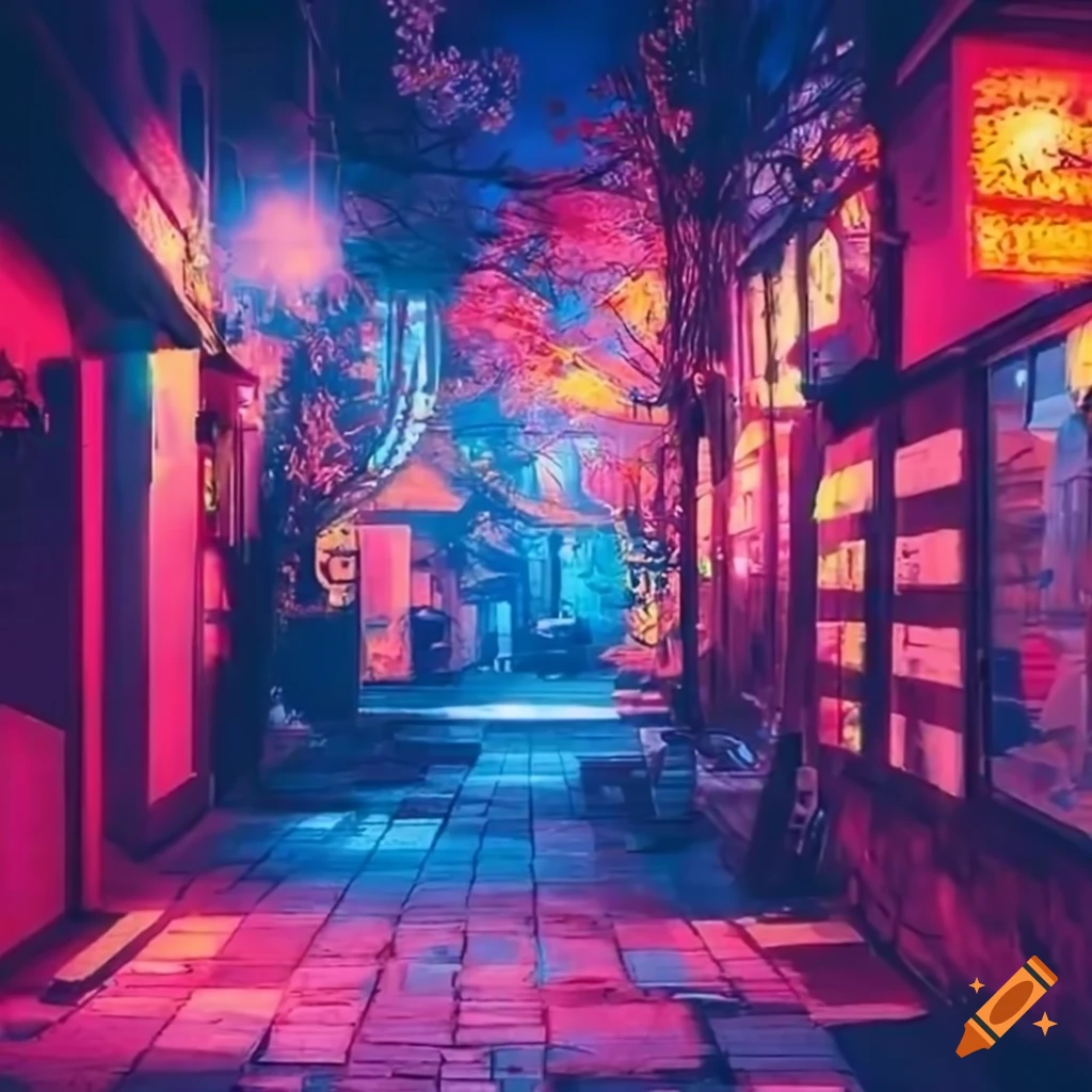 neon-lit Japanese street with cherry blossom trees