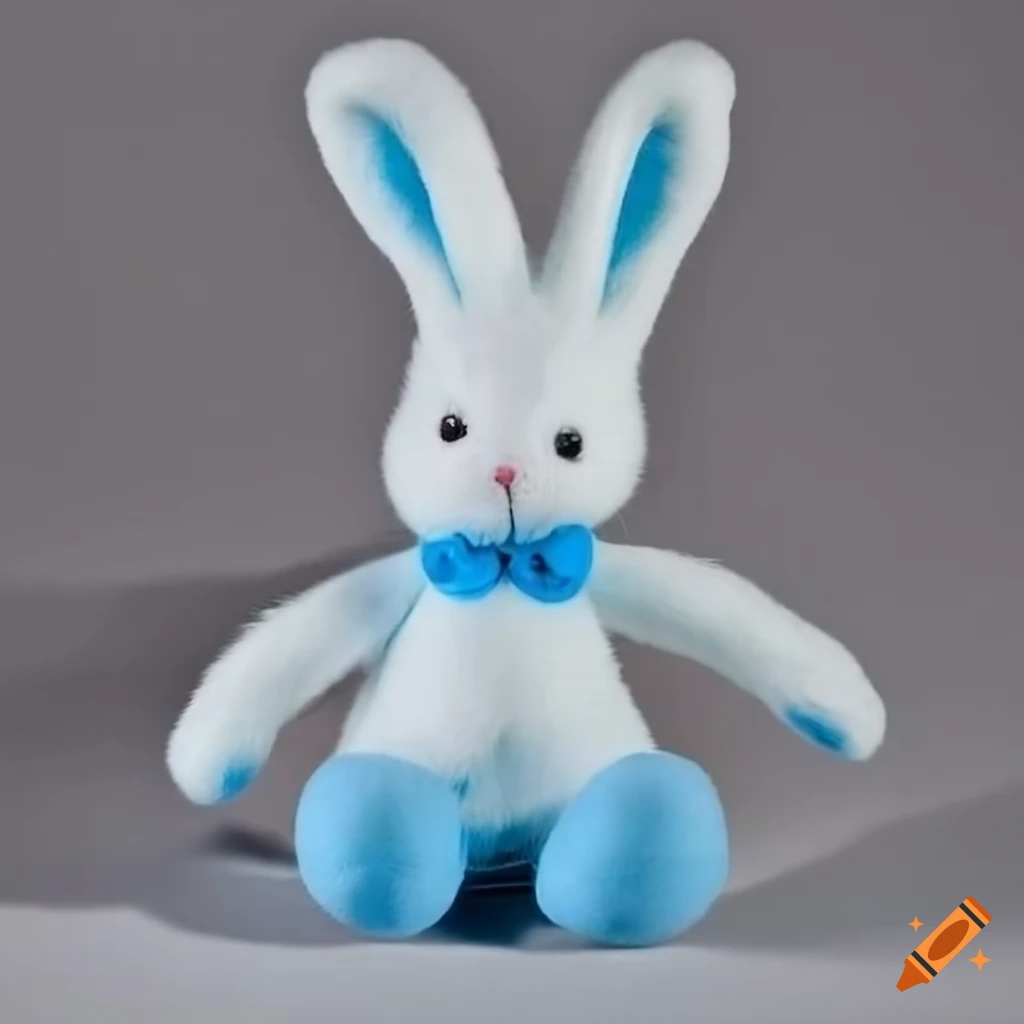 blue and white stuffed rabbit toy with big ears