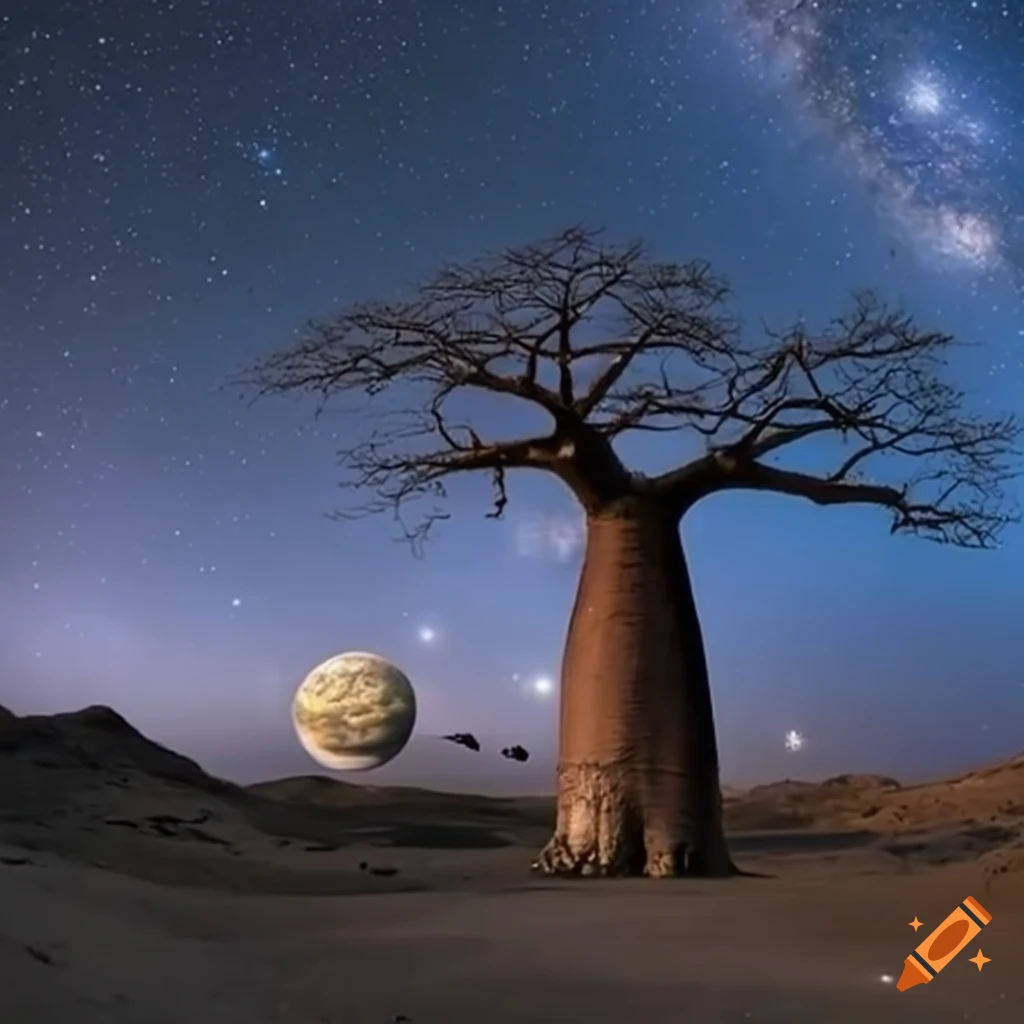 image of a baobab tree on an asteroid with the Milky Way in the background
