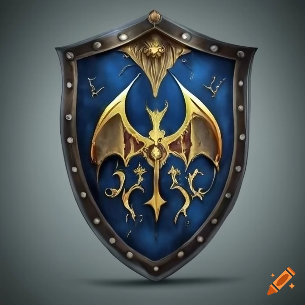 Dark fantasy shield with blue and gold bat coat of arms on Craiyon