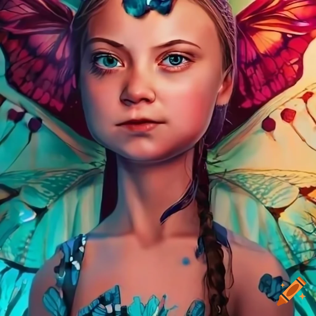 greta thunberg pinup with butterfly-inspired skin