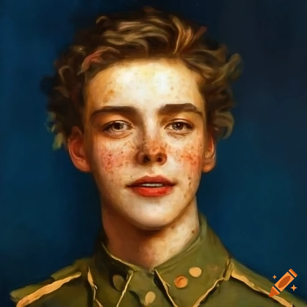 Oil painting of a smiling young man in army clothes