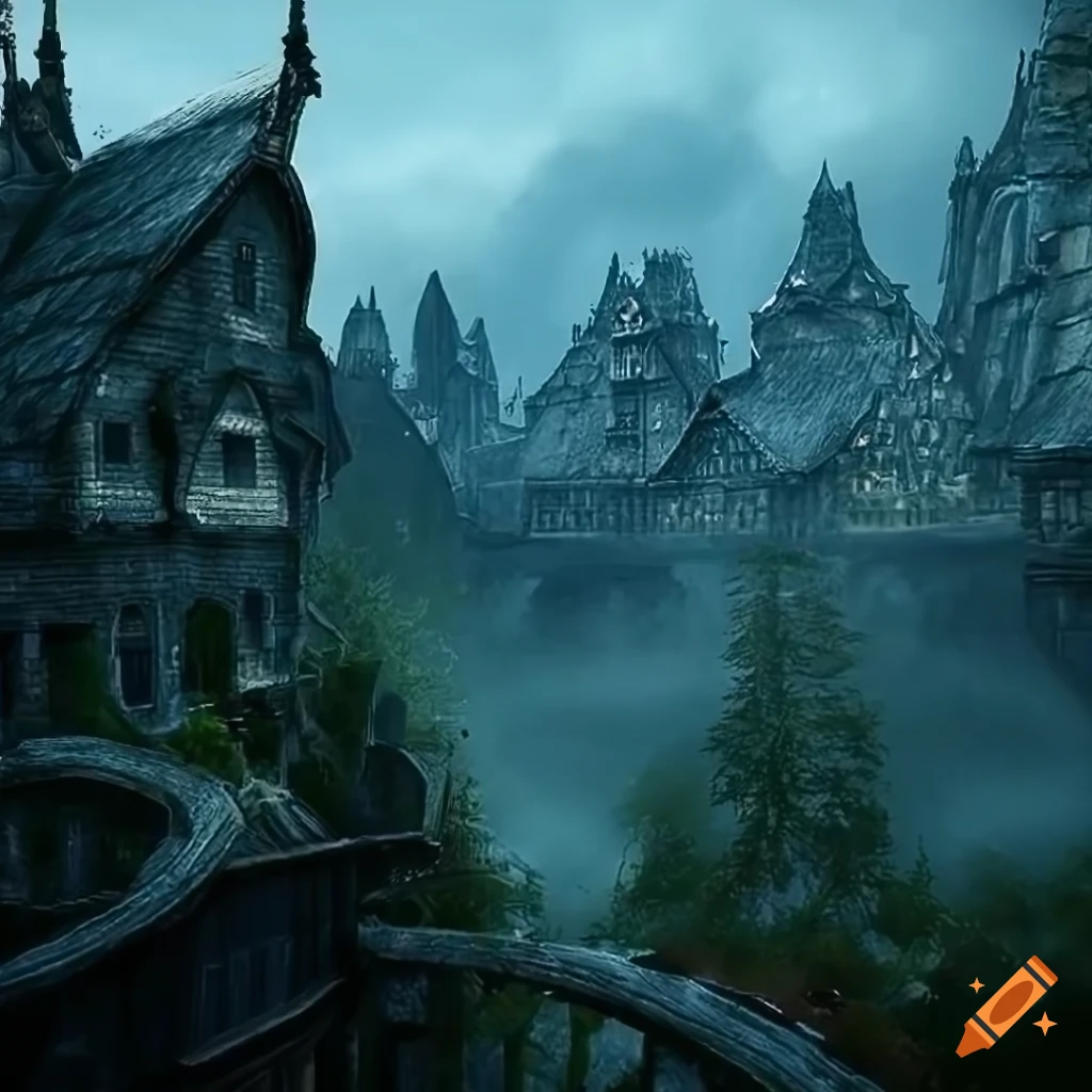 Beautiful architecture of a fantasy town in the forest on Craiyon