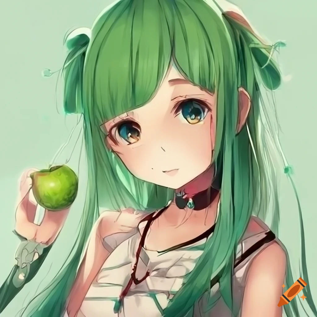 Anime girl holding a green apple on Craiyon