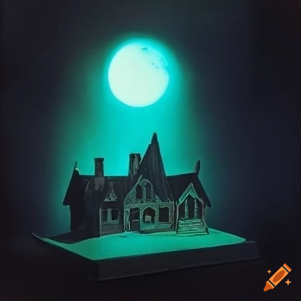 vintage haunted house paper model in fog