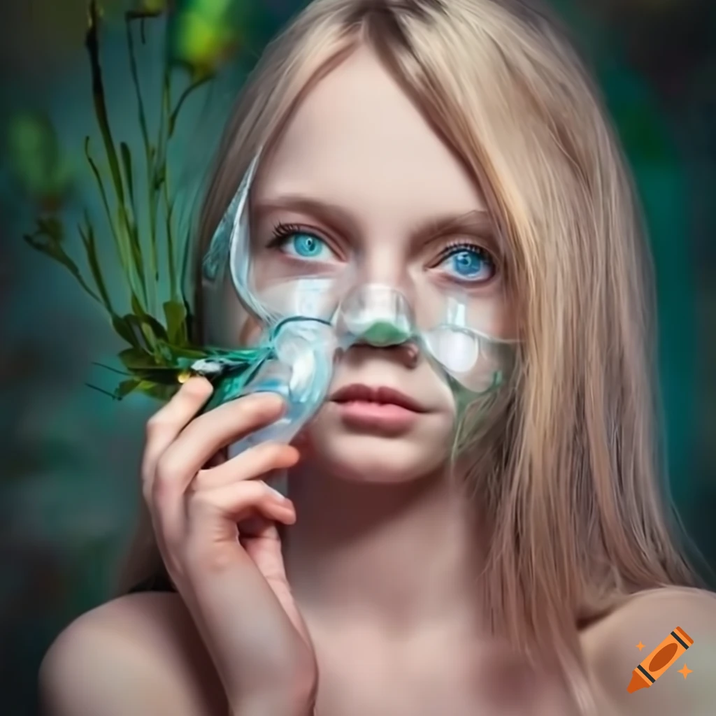 Blonde girl with blue eyes wearing an oxygen mask with flowers on Craiyon