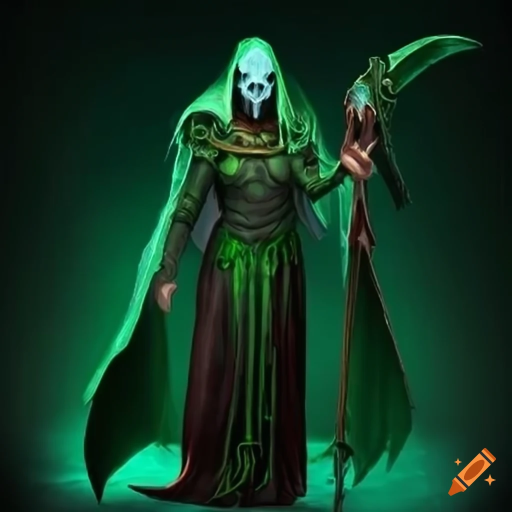 illustration of a sinister necromancer with a green cape