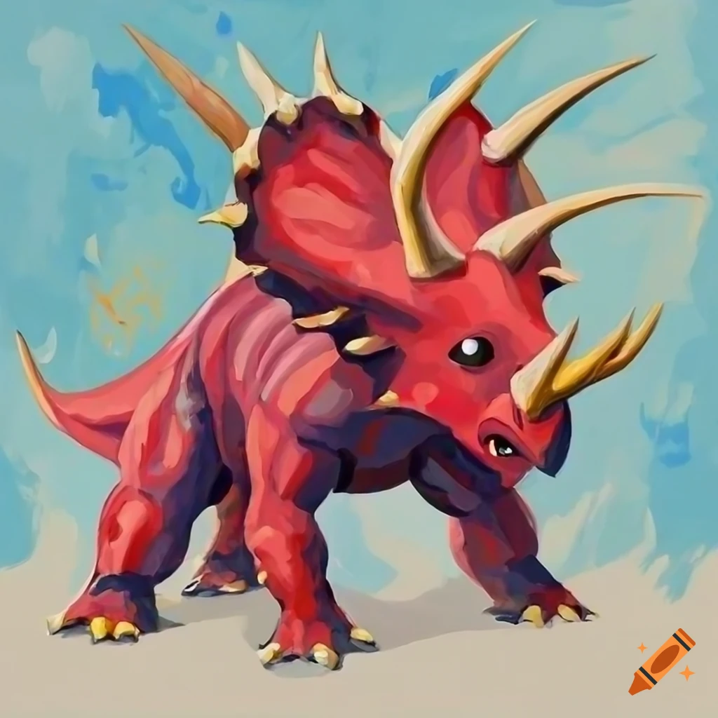 painting of a red triceratops with aquatic tail by a river