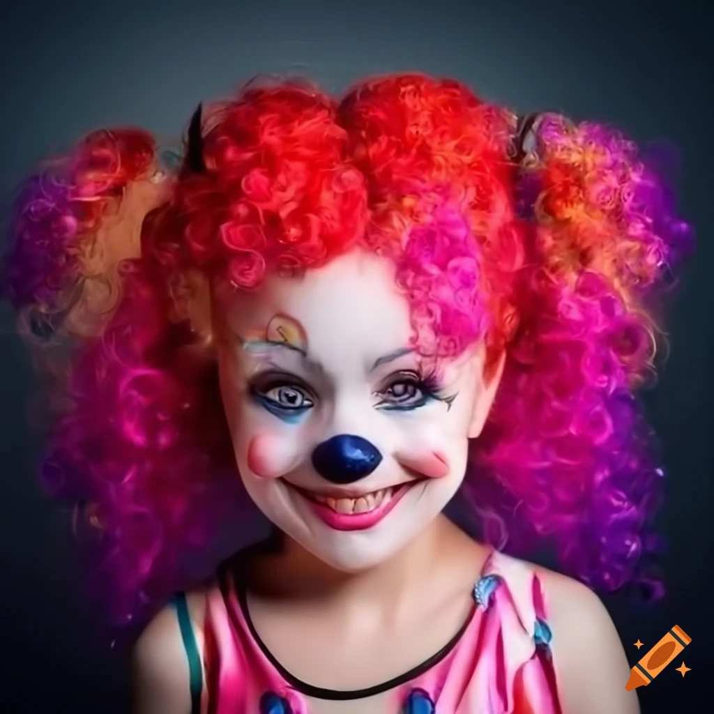 portrait of a cheerful clown girl with pigtails