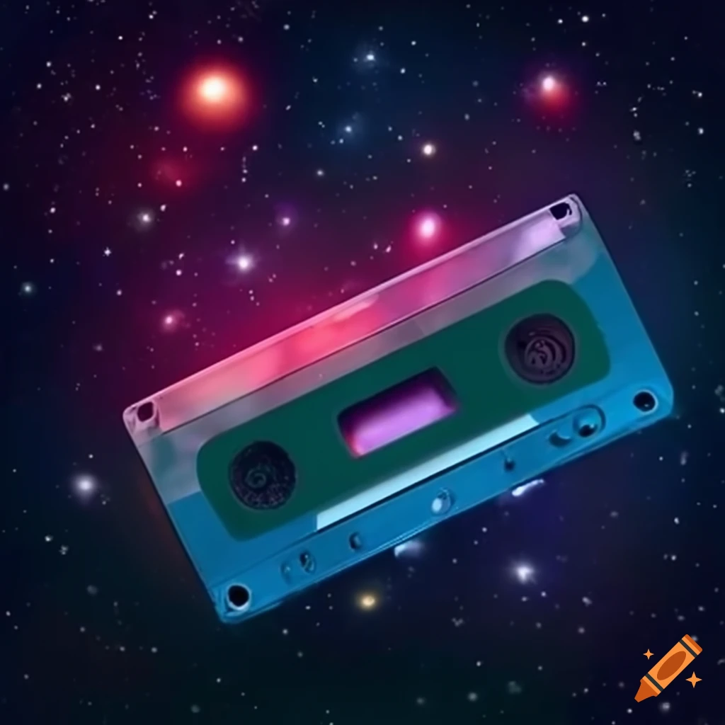 Cassette tape in space surrounded by stars