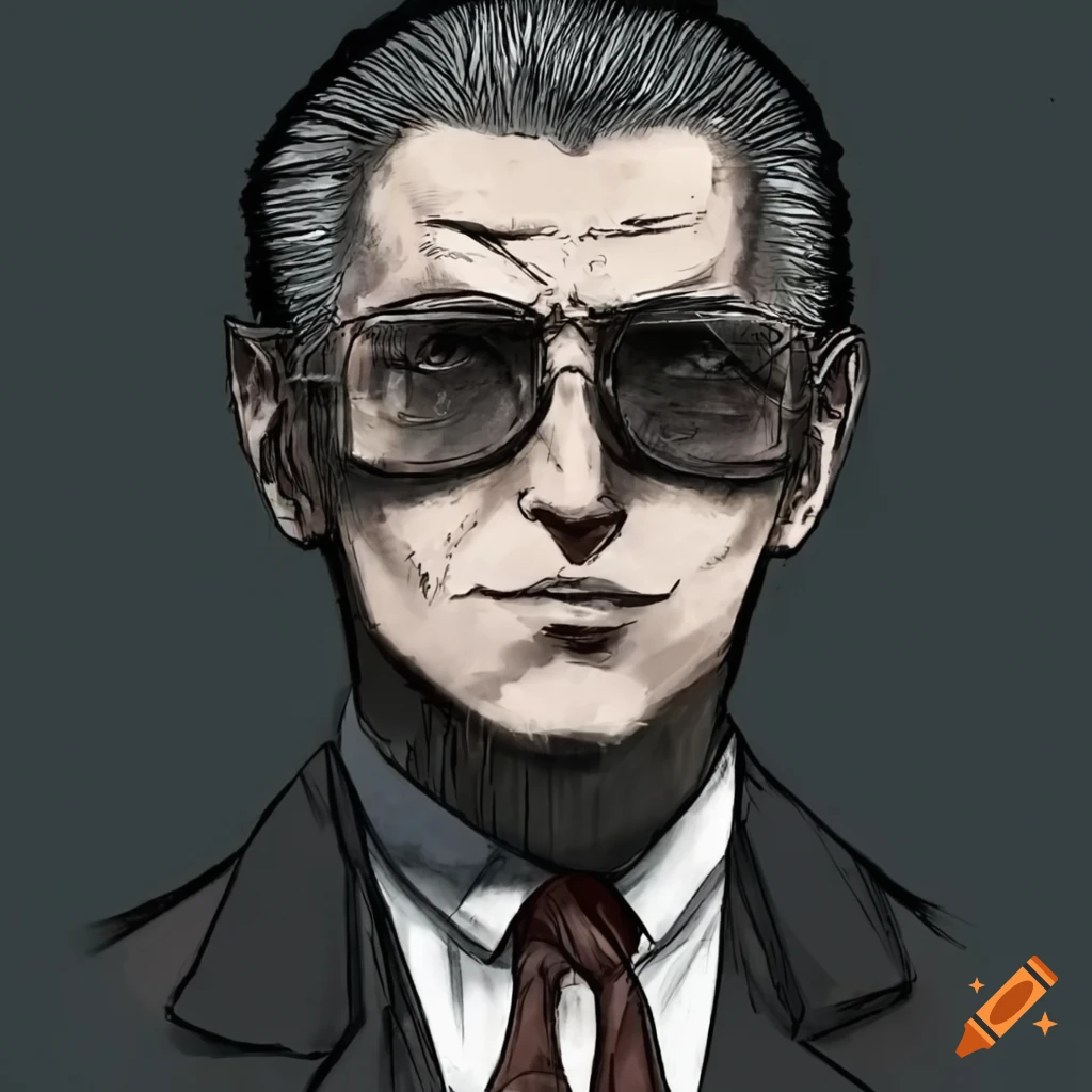 ink illustration of a mysterious grizzled man in shades