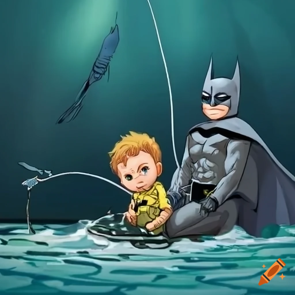 Batman fishing with a young boy on Craiyon