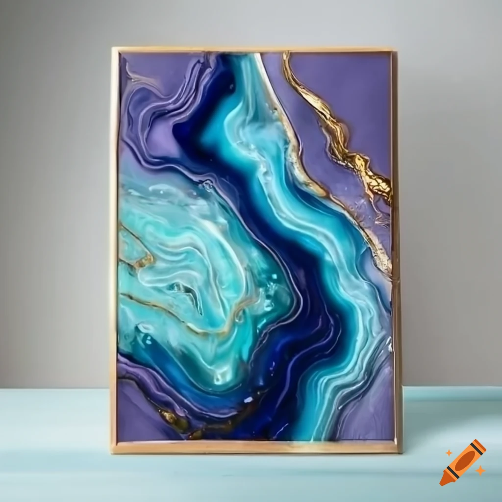 Colorful epoxy resin art with lilac, turquoise, gold, and navy blue on  Craiyon