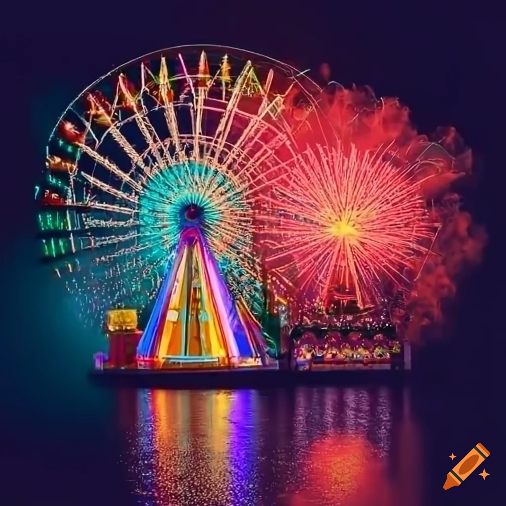 colorful amusement park with fireworks at night