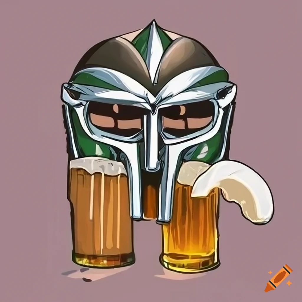 cartoon of MF DOOM holding a beer