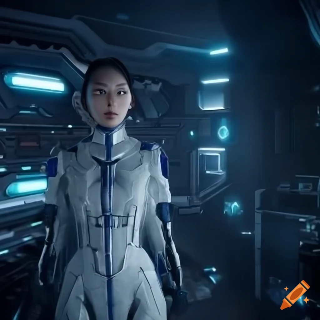Asian woman in high-tech scientist suit in a futuristic laboratory on ...