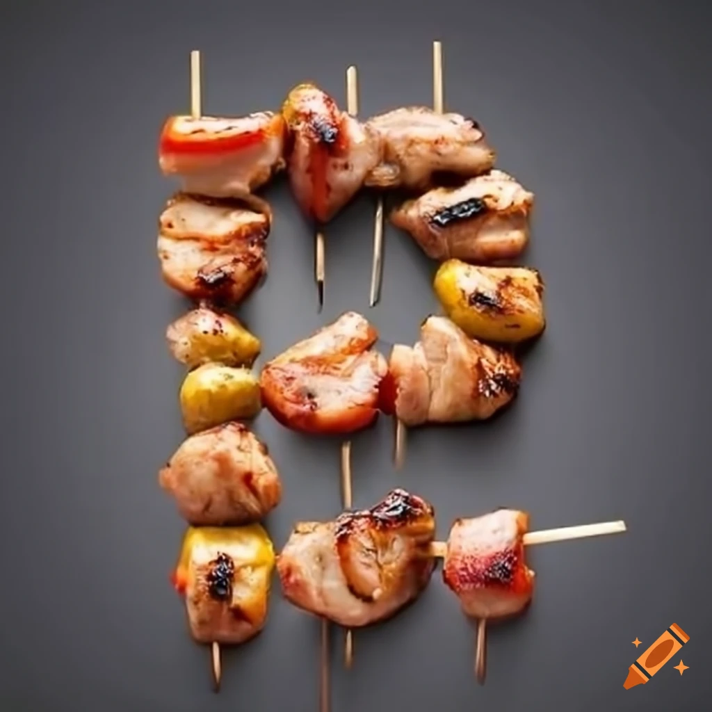 grilled meat skewers forming the letter 'P'