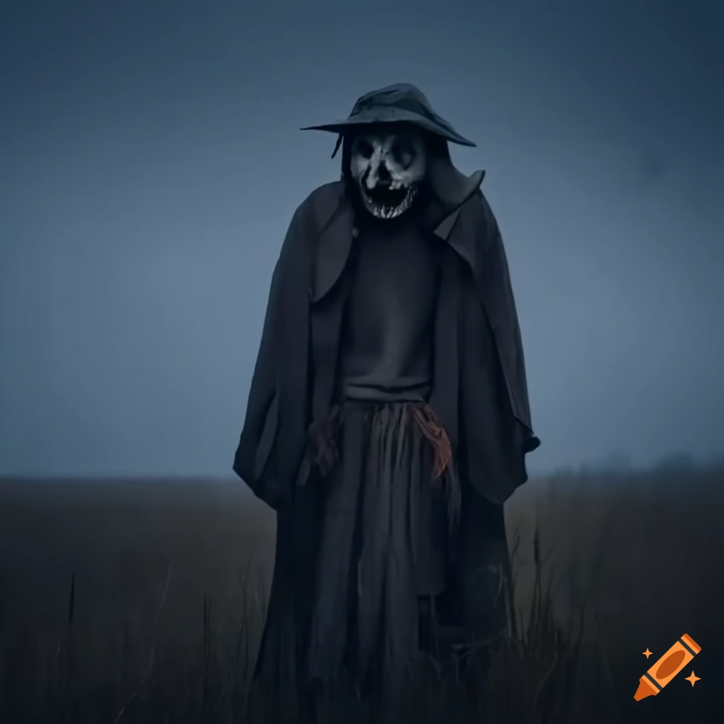 photorealistic scarecrow in a desolate field at midnight