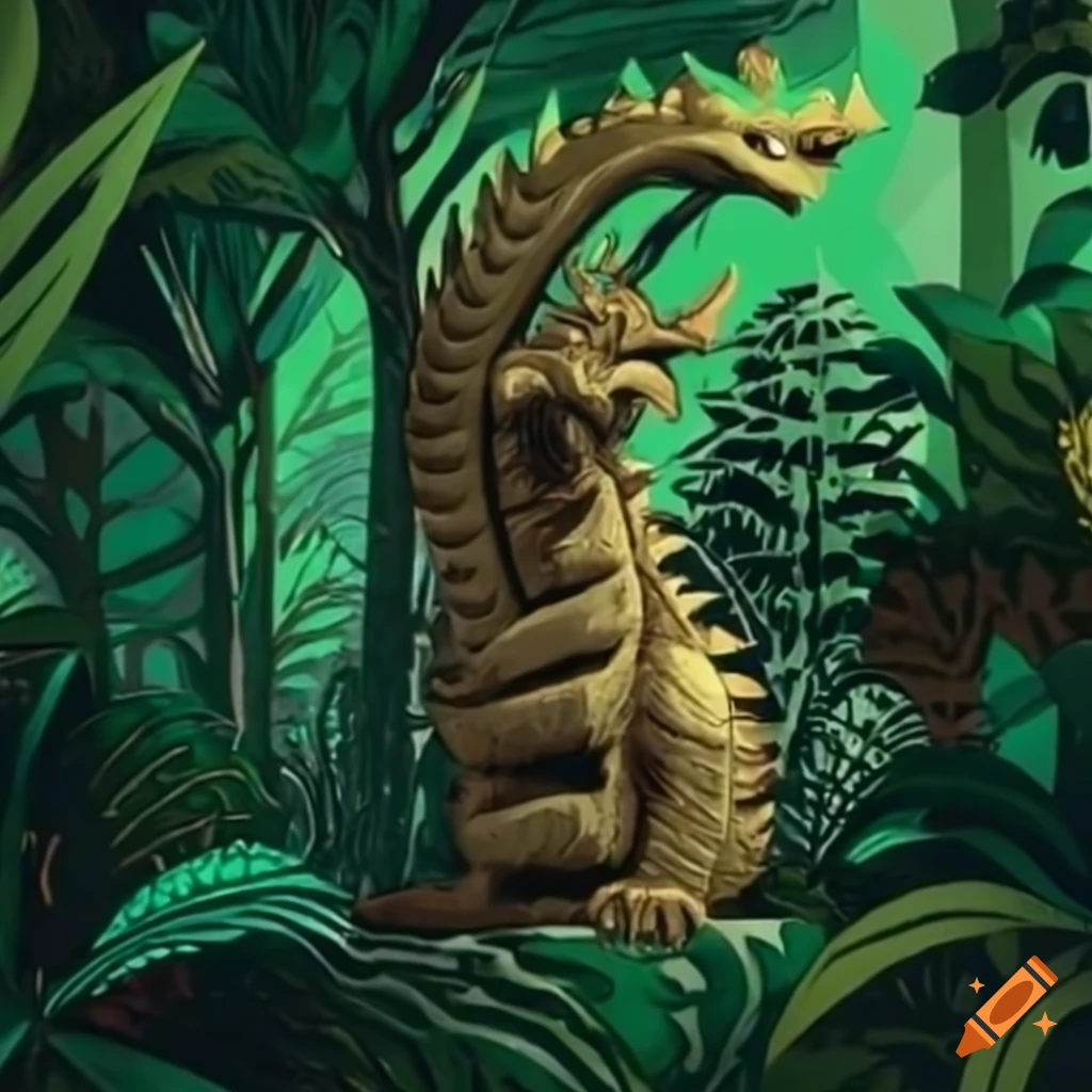 statue of a dragon in a lush jungle