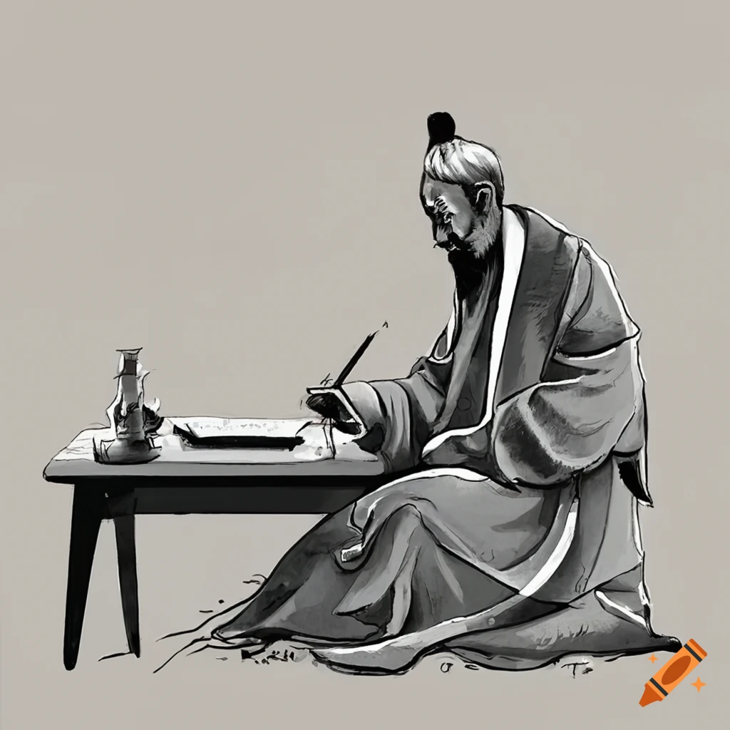 Aquarel painting of a wise man writing at his desk