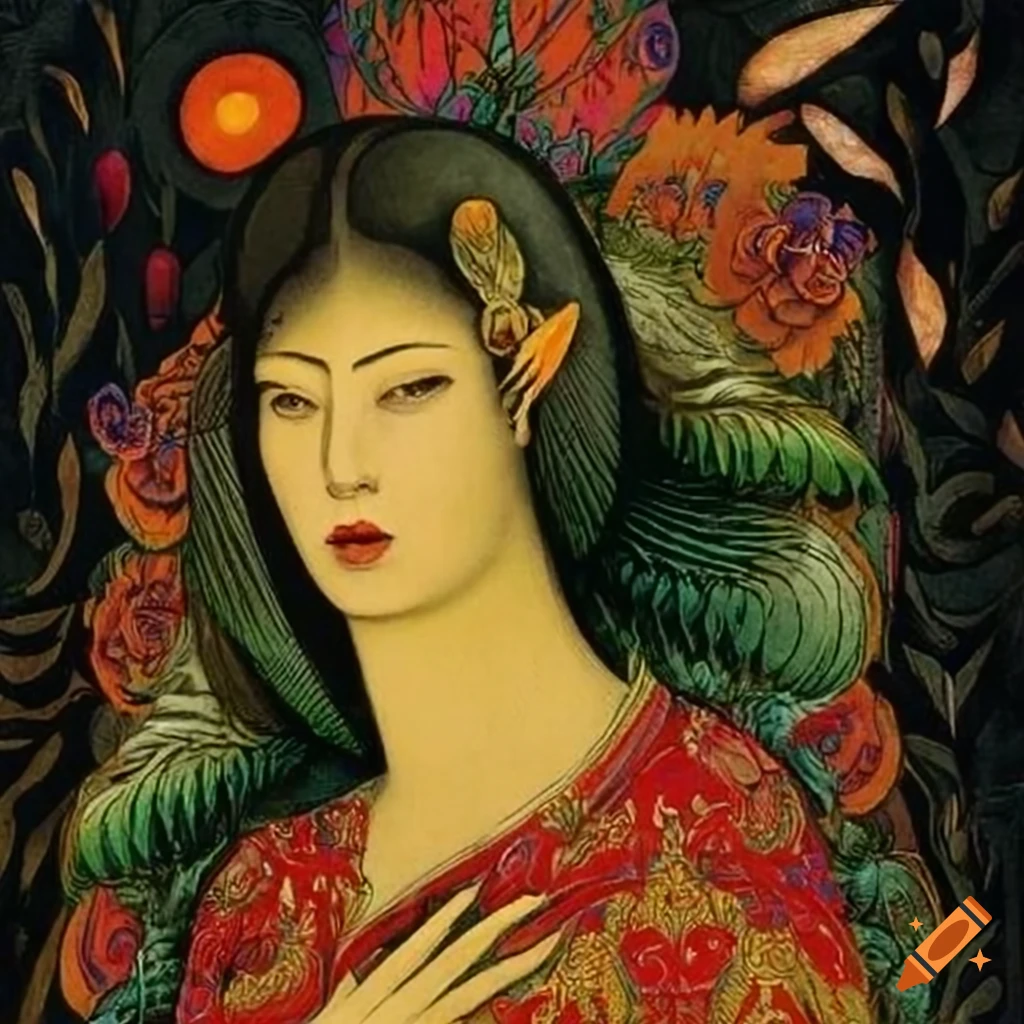 Storybook Illustration Of A Mystical Curandera Raven And Elegant Mother storybook-illustration-of-a-mystical-curandera-raven-and-elegant-mother