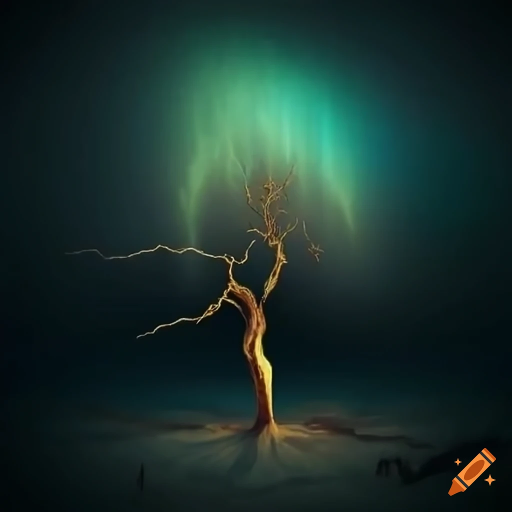 Image of a solitary tree struck by lightning on Craiyon