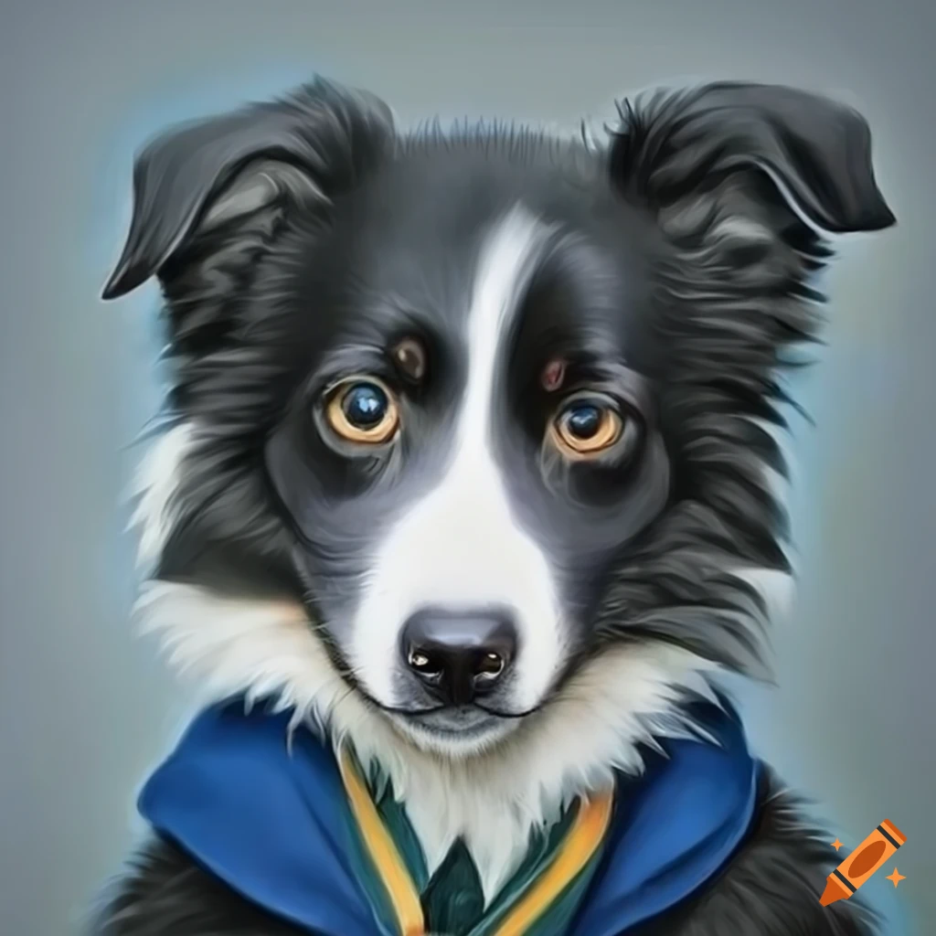 hyper realistic portrait of a baby border collie in Ravenclaw uniform