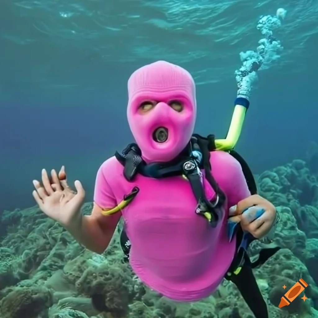 Scuba diver in pink ski mask underwater on Craiyon