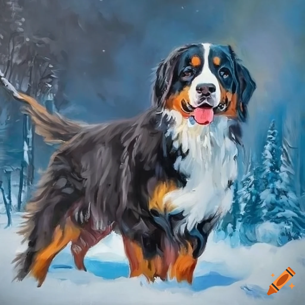 oil painting of a bernese mountain dog in a blizzard