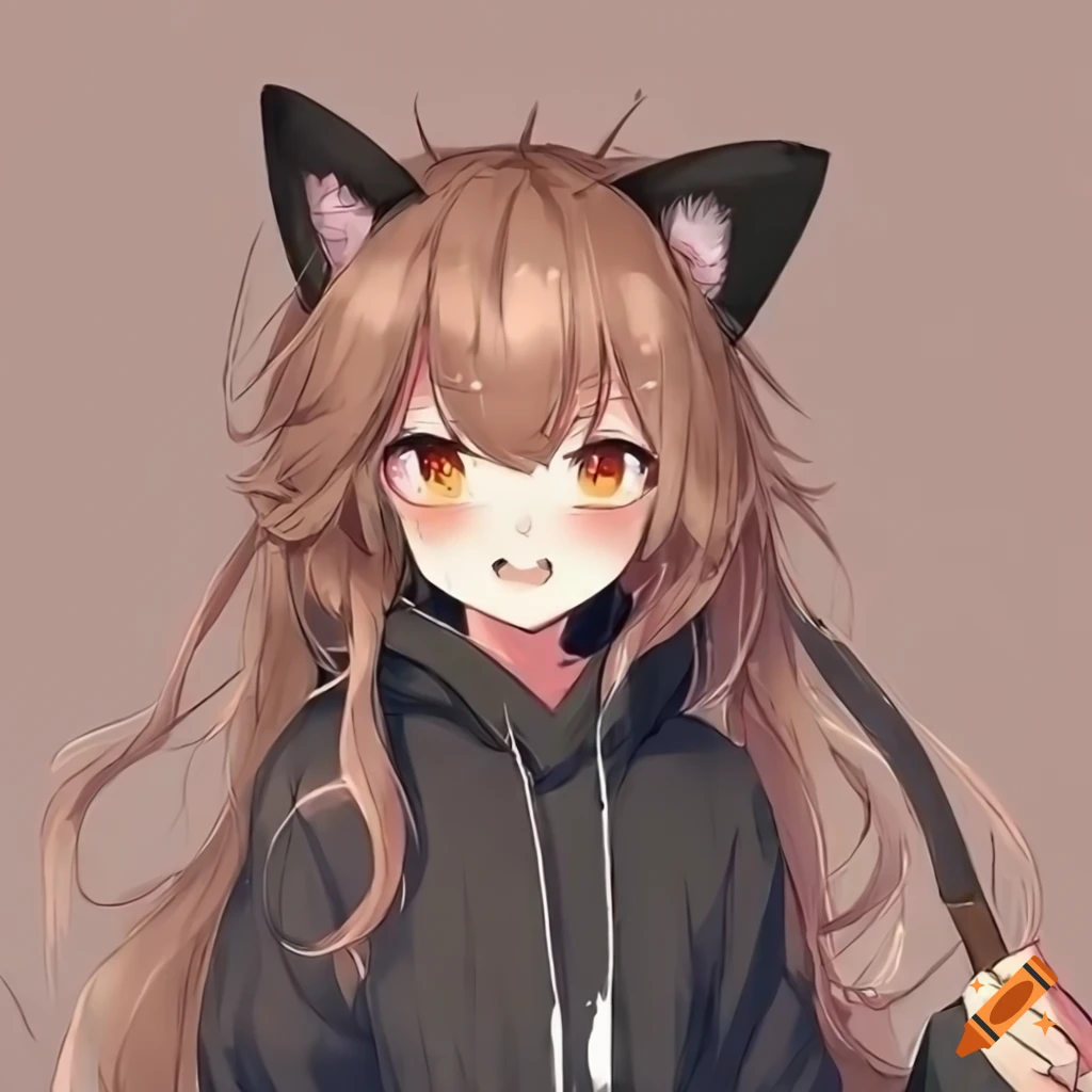 Excited anime fox girl with messy brown hair and black hoodie