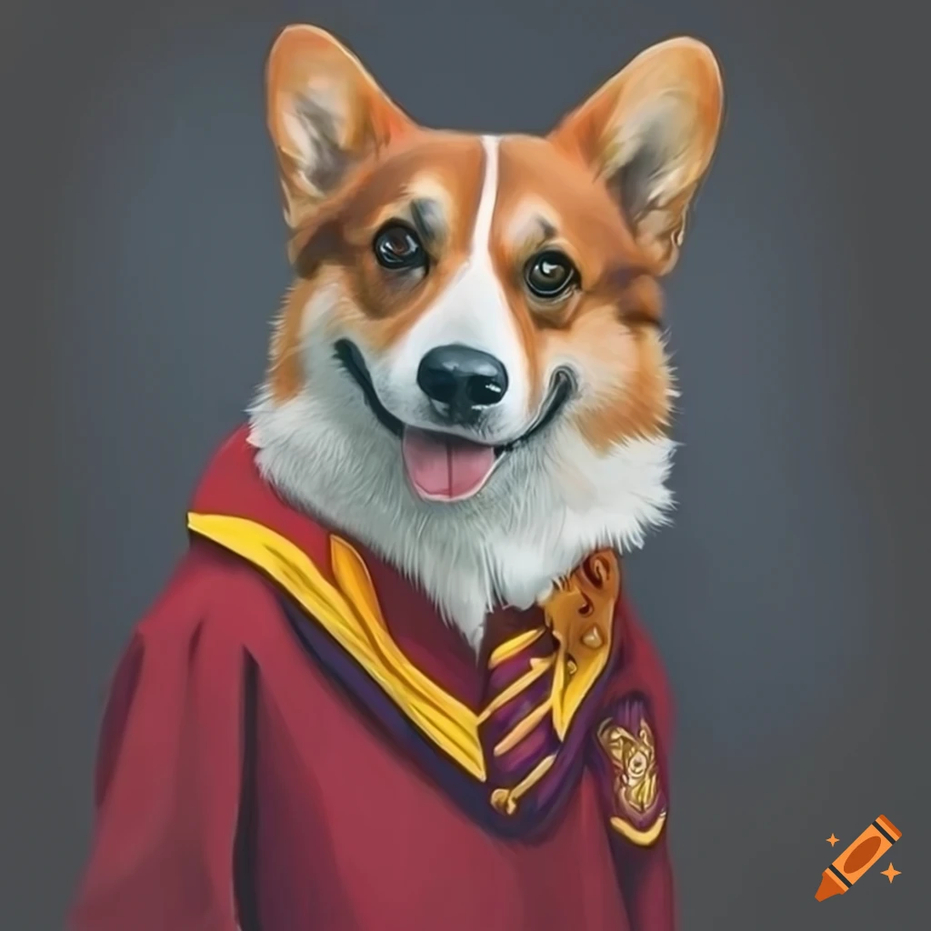 hyper realistic portrait of a Corgi in Gryffindor uniform