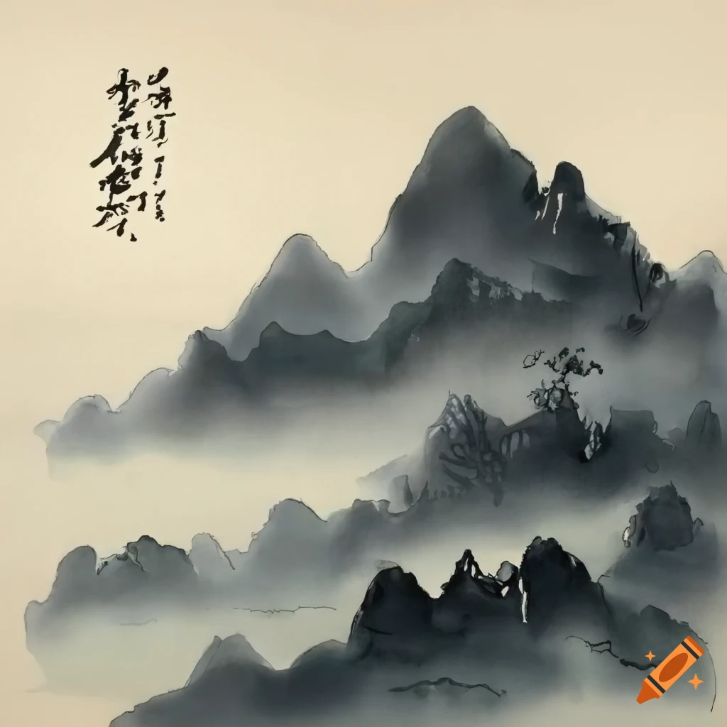 Chinese Ink Painting Of A Mountain On Craiyon