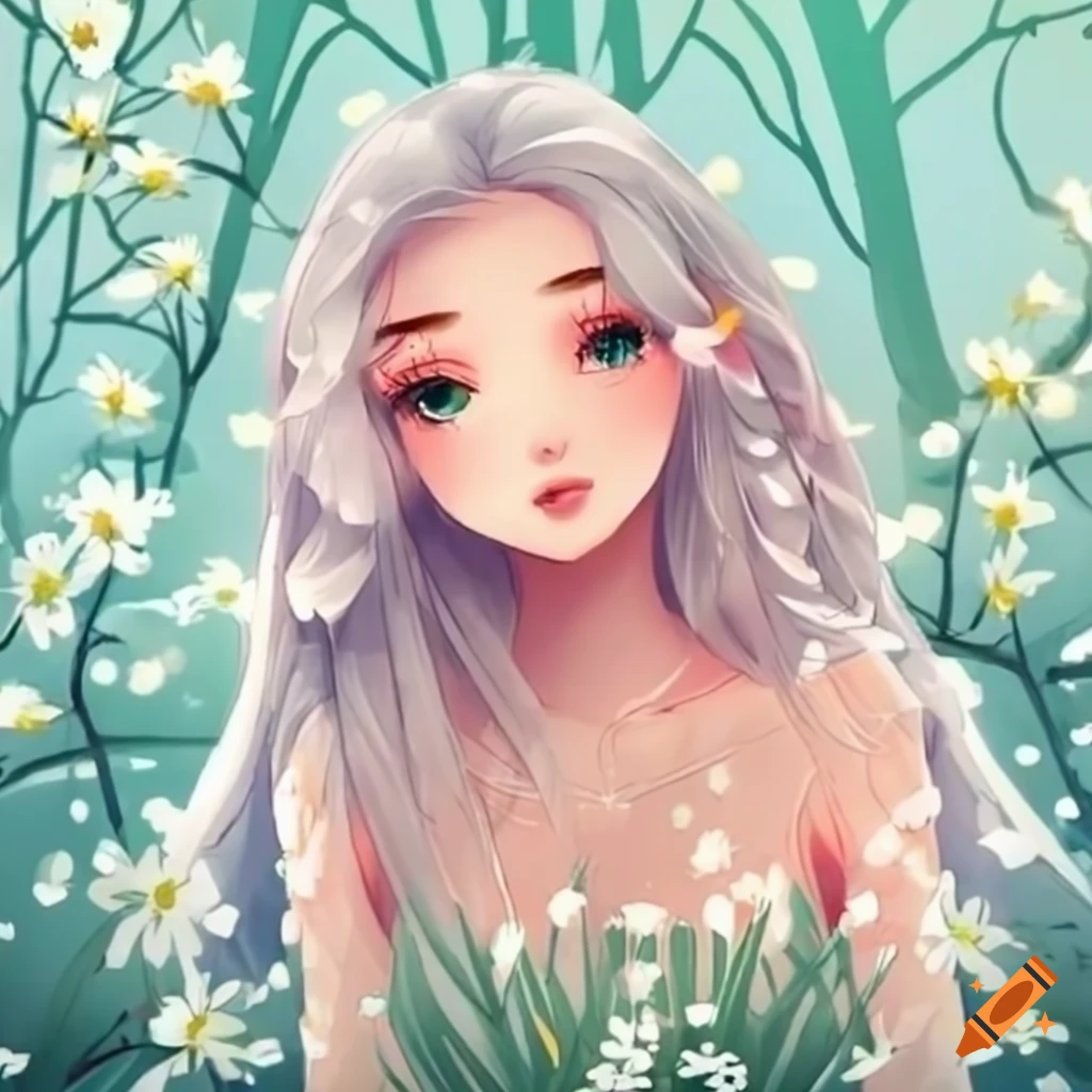 animated white flowers with girl's long hair