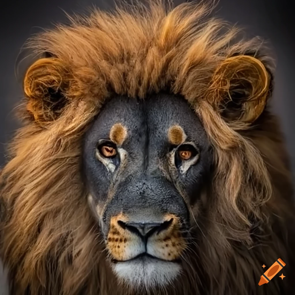 Lion with golden ornaments and orange eyes