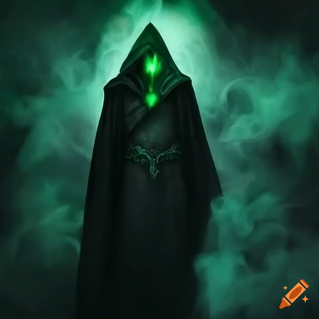 Sorcerer with glowing green eyes in a dungeon on Craiyon