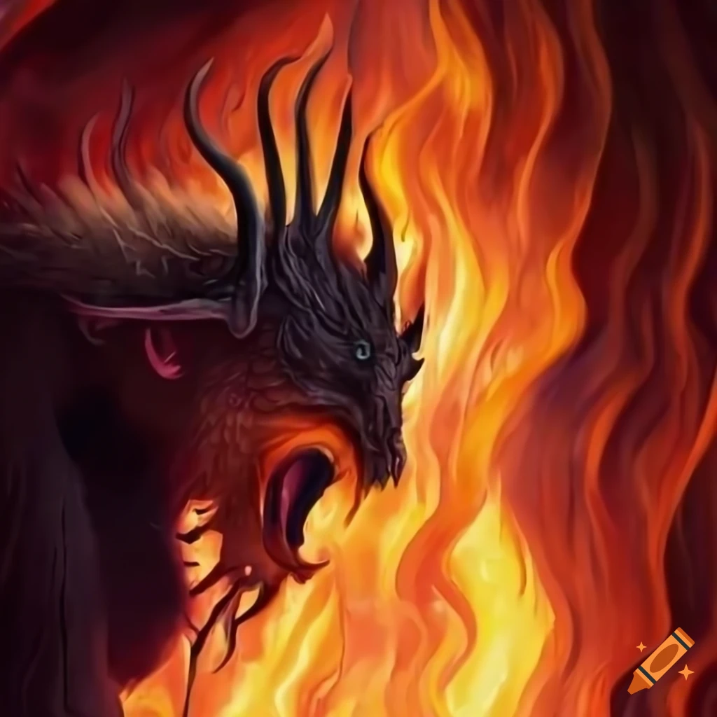 illustration of a mythical creature in fiery environment