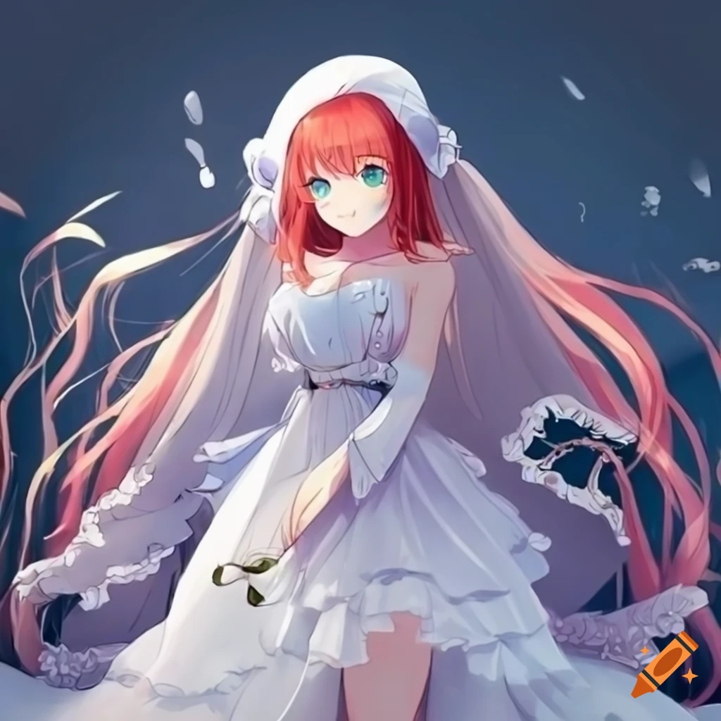 cosplay of a red-haired anime girl in a frilly white dress