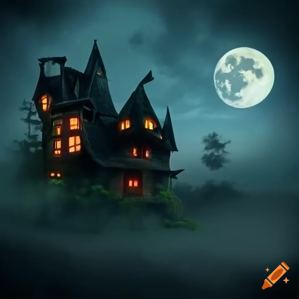 haunted house in a dark jungle with pumpkins and full moon