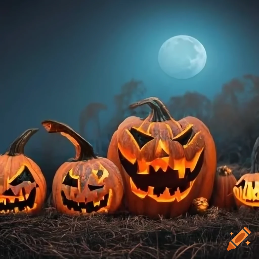 twilight scene with spooky pumpkins wearing bavarian hats