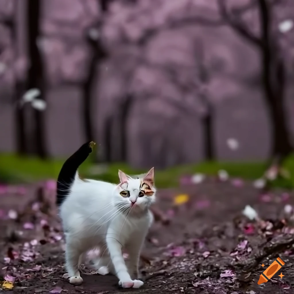 white cat with black spots in a cherry blossom forest at twilight