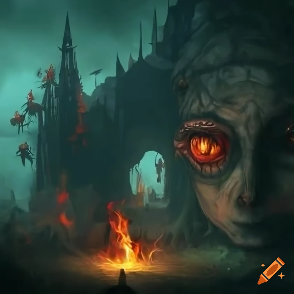 detailed fairytale illustration of a burning apocalyptic world