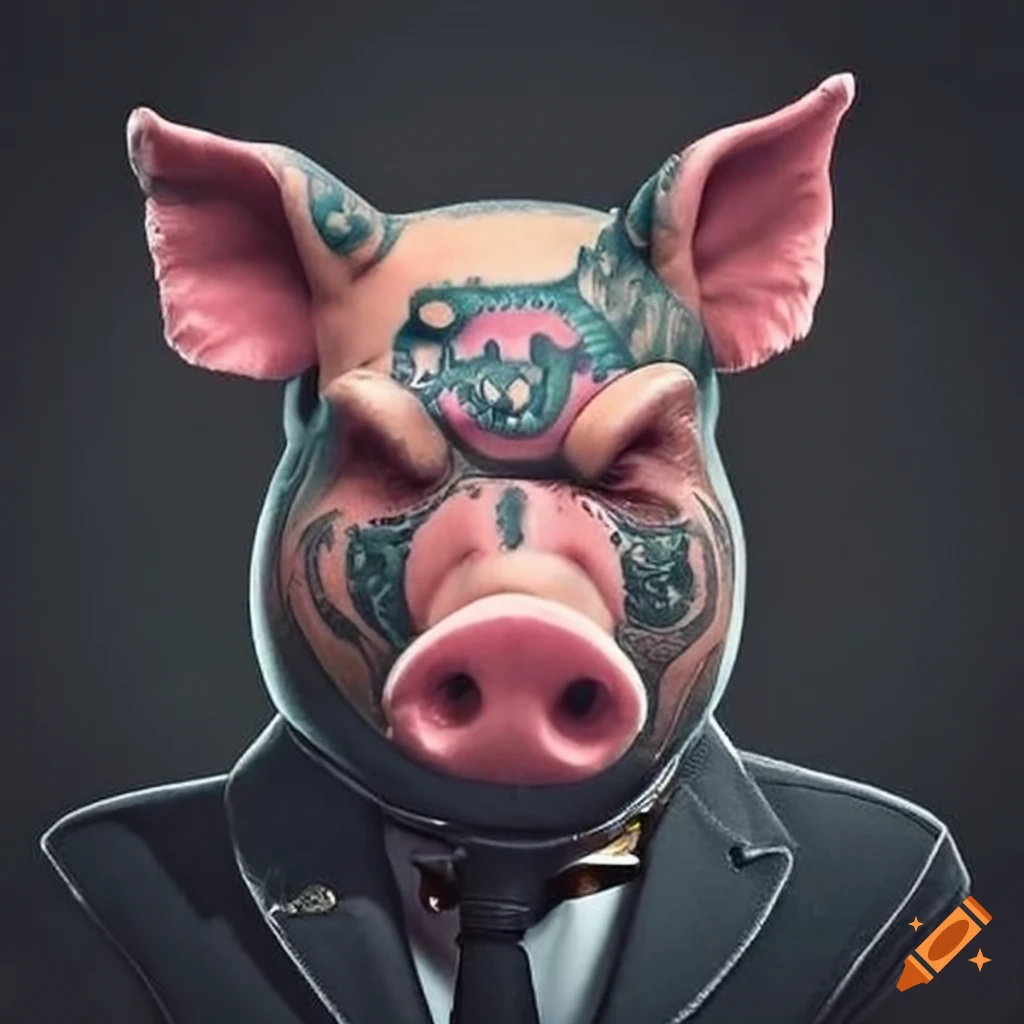Cartoonish Depiction Of A Mob Boss Pig With Tattoos And Bling On Craiyon